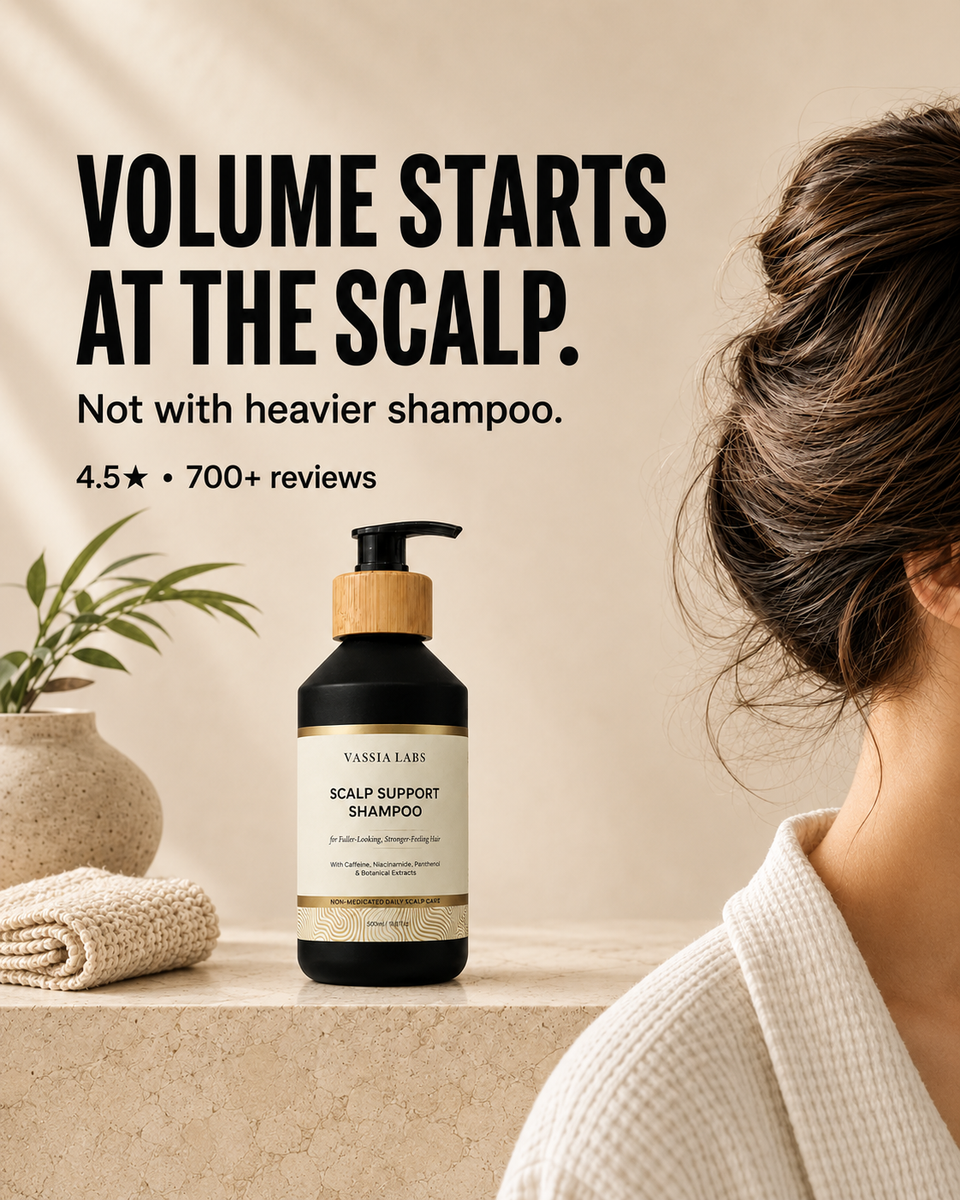 Vassia Labs shampoo ingredient graphic featuring caffeine, rosemary, niacinamide and panthenol