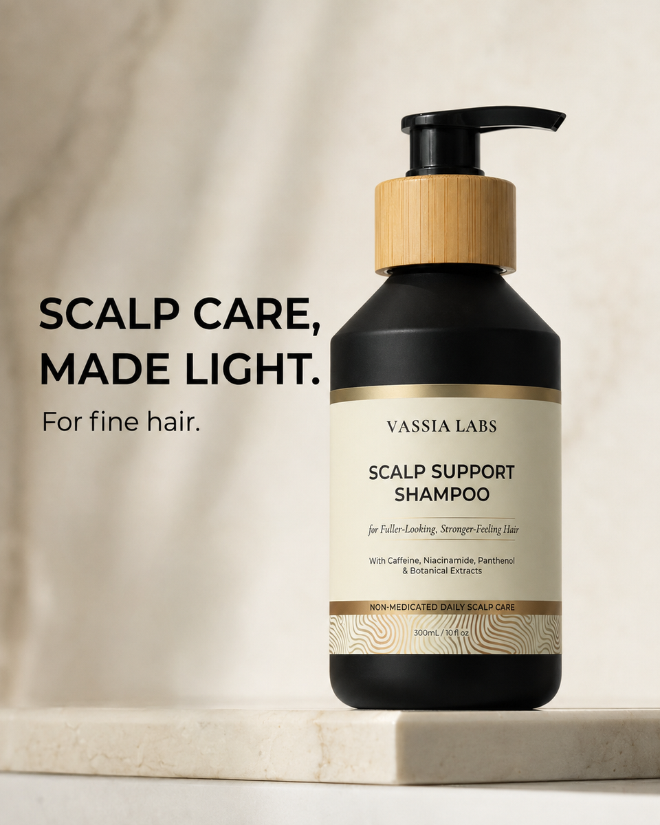Vassia Labs volumizing shampoo graphic highlighting fragrance-free, sulfate-free and silicone-free formula