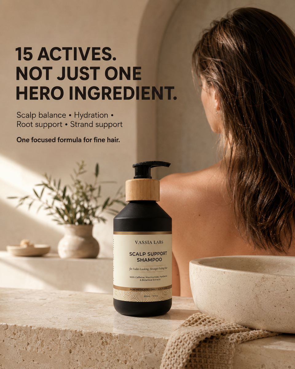 Vassia Labs volumizing shampoo graphic highlighting caffeine, rosemary and botanical extracts