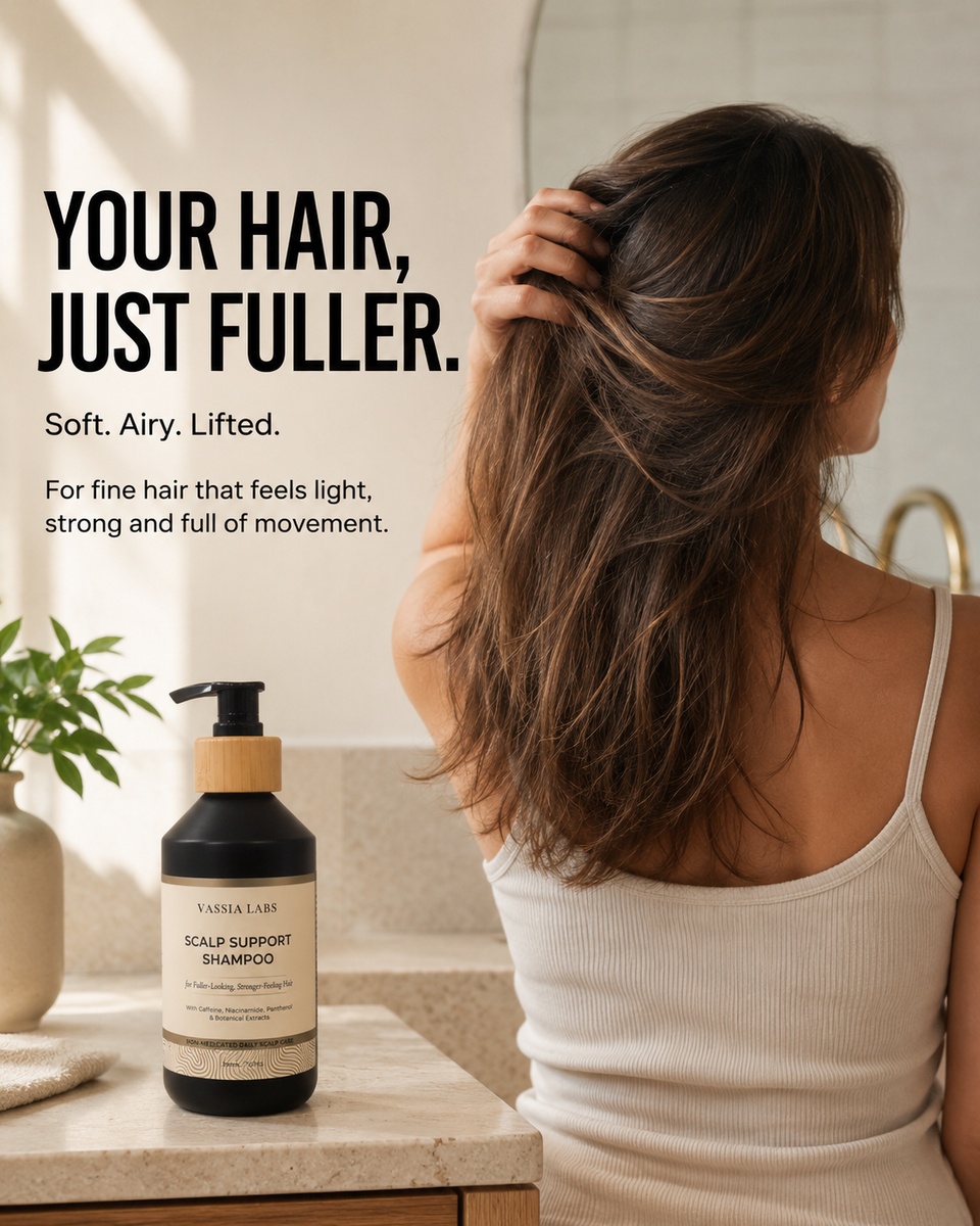 Woman with long brown hair beside Vassia Labs Scalp Support Shampoo in a bright bathroom