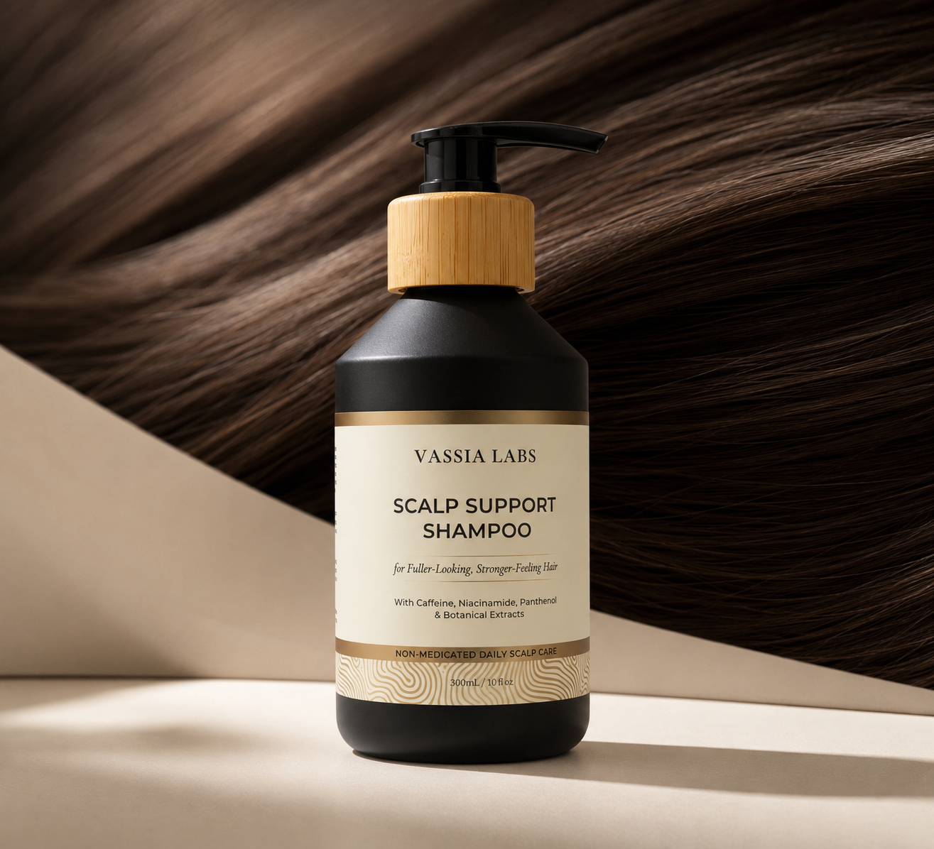 Vassia Labs scalp support shampoo with caffeine, niacinamide, panthenol and botanical extracts for fuller-looking, stronger-feeling hair.